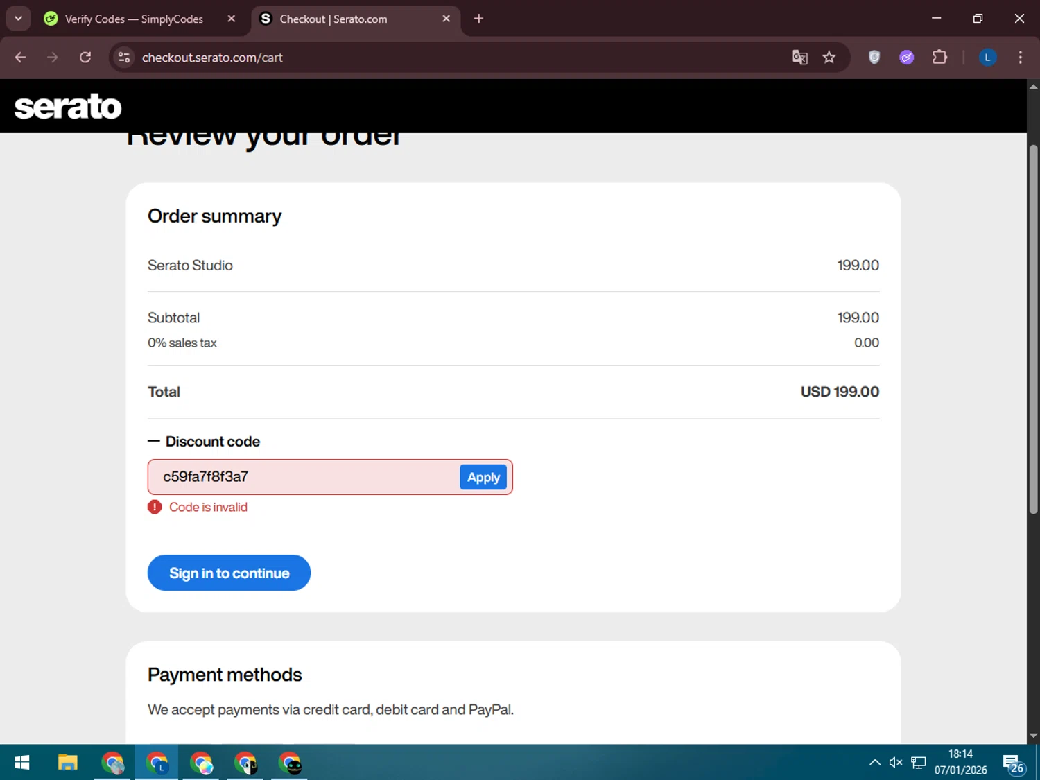 Serato coupon code screenshot showing code EDTALENTI applied at Serato checkout page. Uploaded by SimplyCodes community member LegendaryLegend5536 on Jan 7, 2026