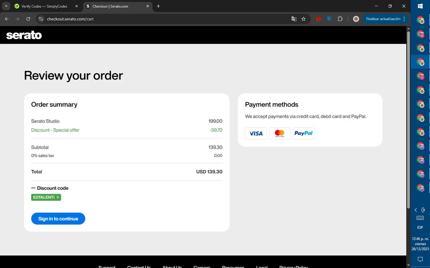 Serato coupon code screenshot showing code EDTALENTI applied at Serato checkout page. Uploaded by SimplyCodes community member ValiantWarden8956 on Dec 26, 2025