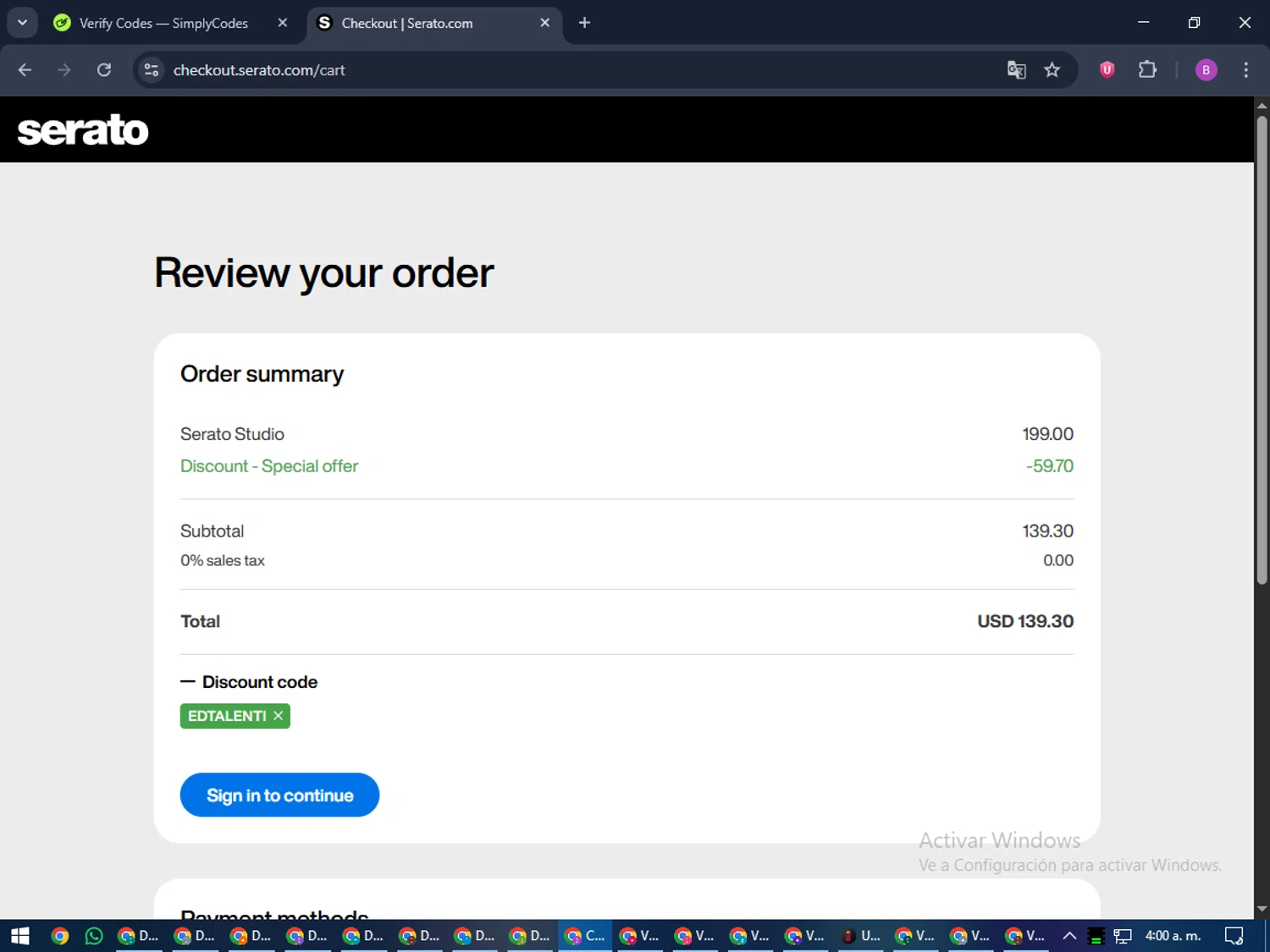 Serato coupon code screenshot showing code EDTALENTI applied at Serato checkout page. Uploaded by SimplyCodes community member travisscott on Nov 16, 2025