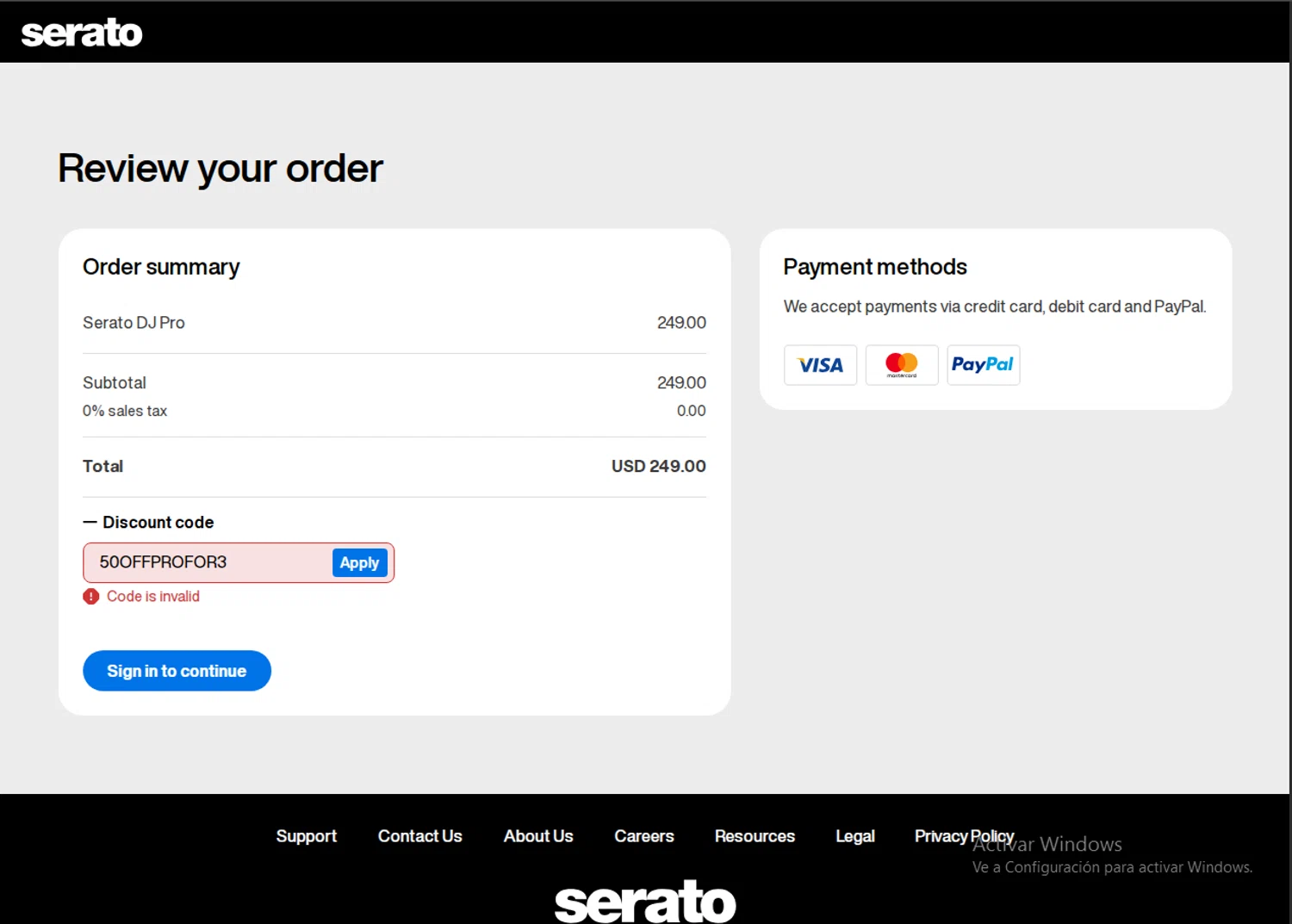 Serato coupon code screenshot showing code 50OFFPROFOR3 applied at Serato checkout page. Uploaded by SimplyCodes community member FrugalTitan8640 on Nov 14, 2025