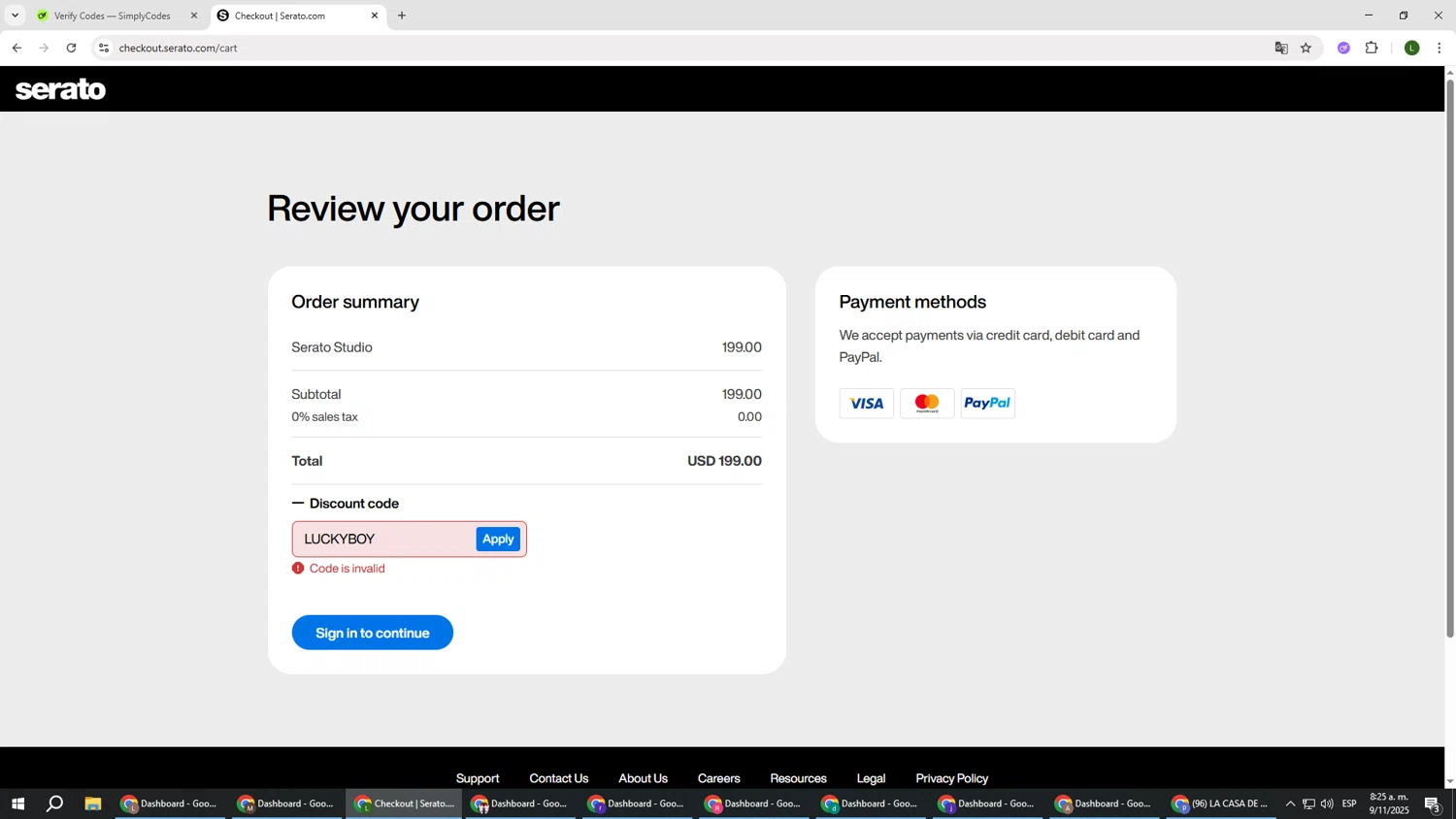 Serato coupon code screenshot showing code LUCKYBOY applied at Serato checkout page. Uploaded by SimplyCodes community member DUCATI on Nov 9, 2025