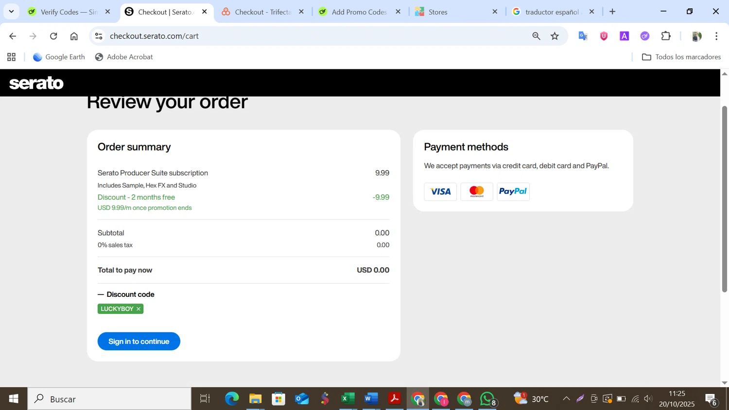 Serato coupon code screenshot showing code LUCKYBOY applied at Serato checkout page. Uploaded by SimplyCodes community member NobleMonarch5837 on Oct 20, 2025