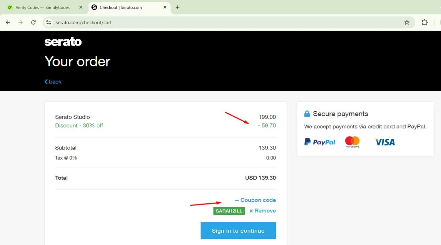 Serato coupon code screenshot showing code SARAH2ILL applied at Serato checkout page. Uploaded by SimplyCodes community member CoinSage1043 on Jul 22, 2025