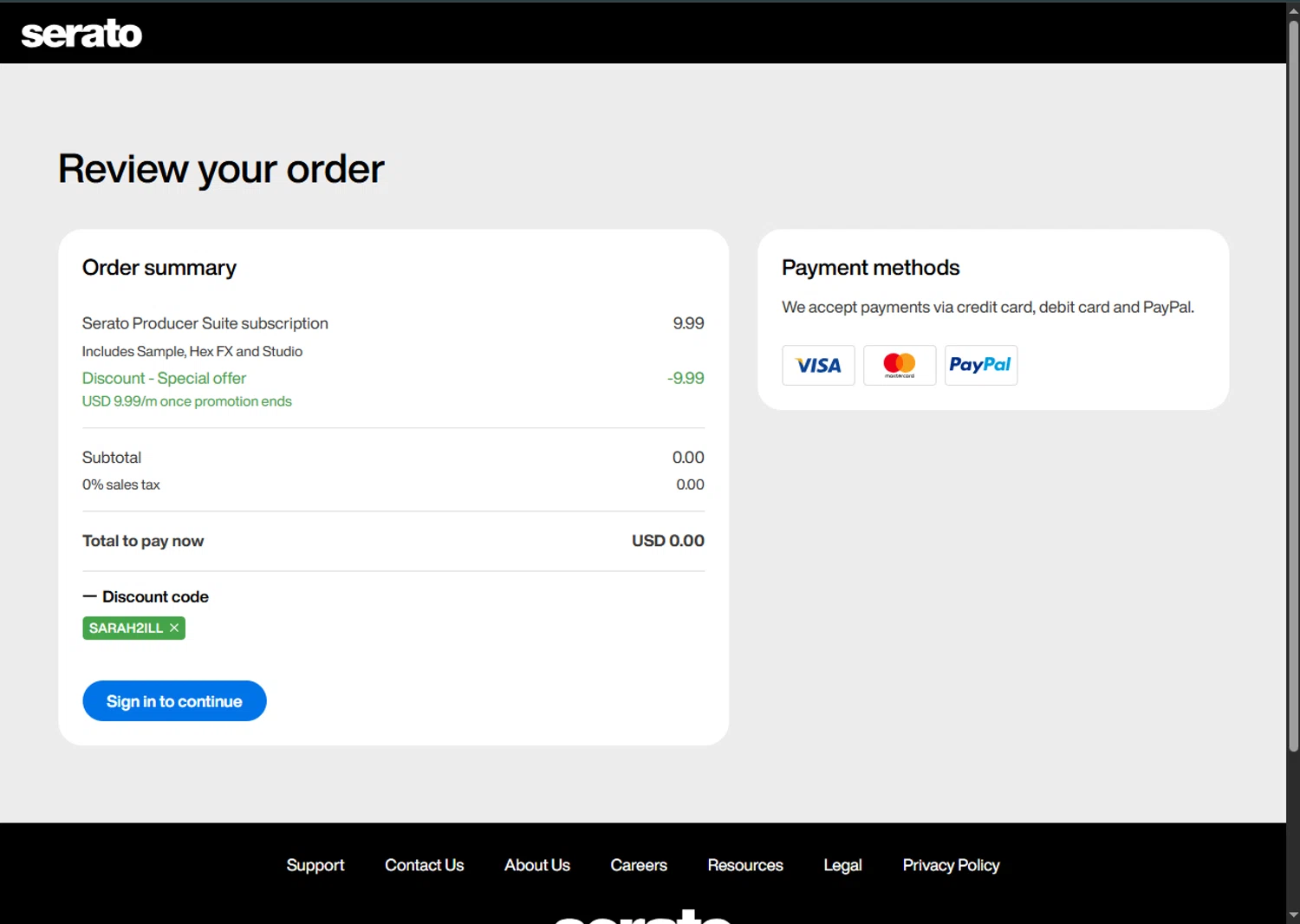 Serato coupon code screenshot showing code SARAH2ILL applied at Serato checkout page. Uploaded by SimplyCodes community member MagnificentFalcon188 on Oct 3, 2025