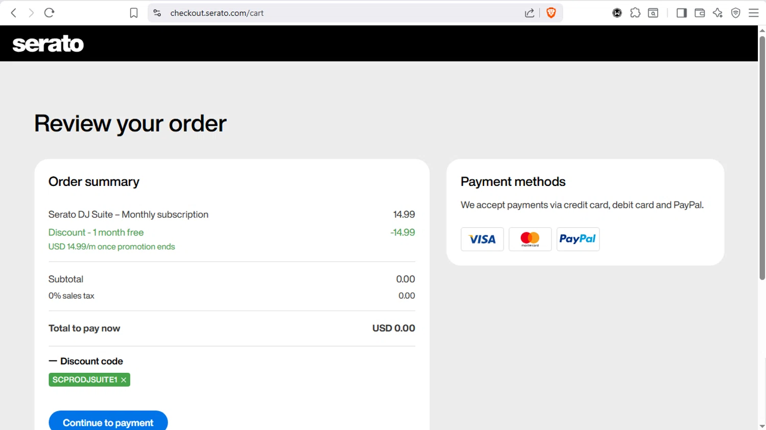 Serato coupon code screenshot showing code SCPRODJSUITE1 applied at Serato checkout page. Uploaded by SimplyCodes community member dayselis15 on Dec 16, 2025