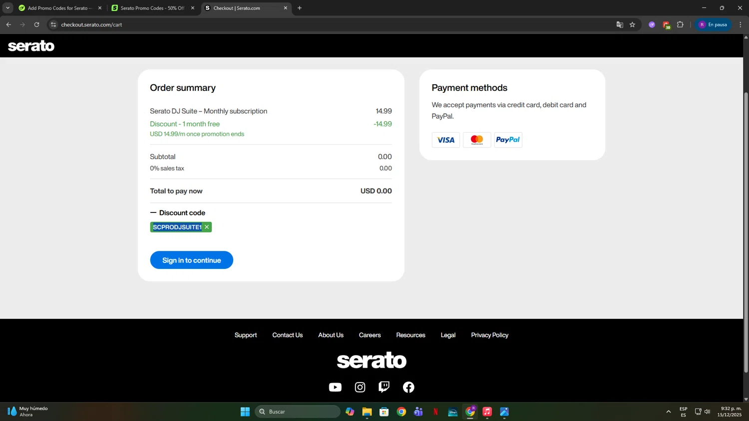 Serato coupon code screenshot showing code SCPRODJSUITE1 applied at Serato checkout page. Uploaded by SimplyCodes community member TokenFox2691 on Dec 16, 2025