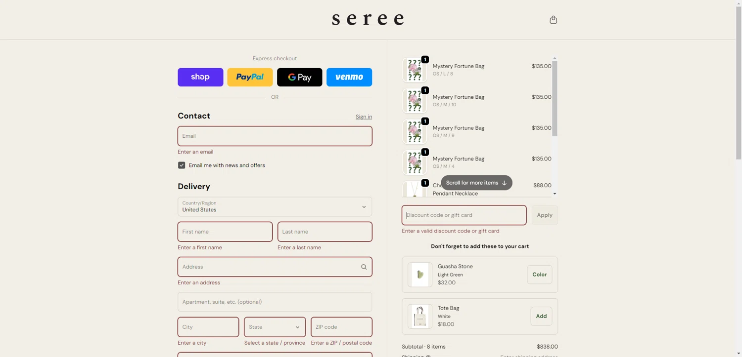 seree discount code screenshot showing code MOREISMORE applied at seree checkout page. Uploaded by SimplyCodes community member ValiantAce1810 on Feb 4, 2026