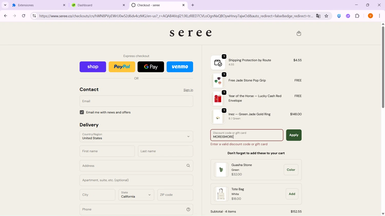 seree discount code screenshot showing code MOREISMORE applied at seree checkout page. Uploaded by SimplyCodes community member VoucherShopper4674 on Feb 4, 2026