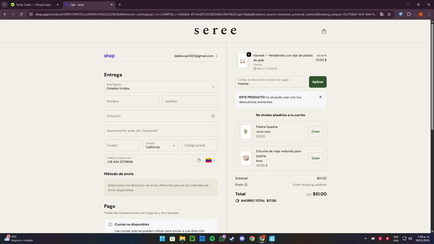 seree discount code screenshot showing code hiseree applied at seree checkout page. Uploaded by SimplyCodes community member Corleone on Nov 29, 2025