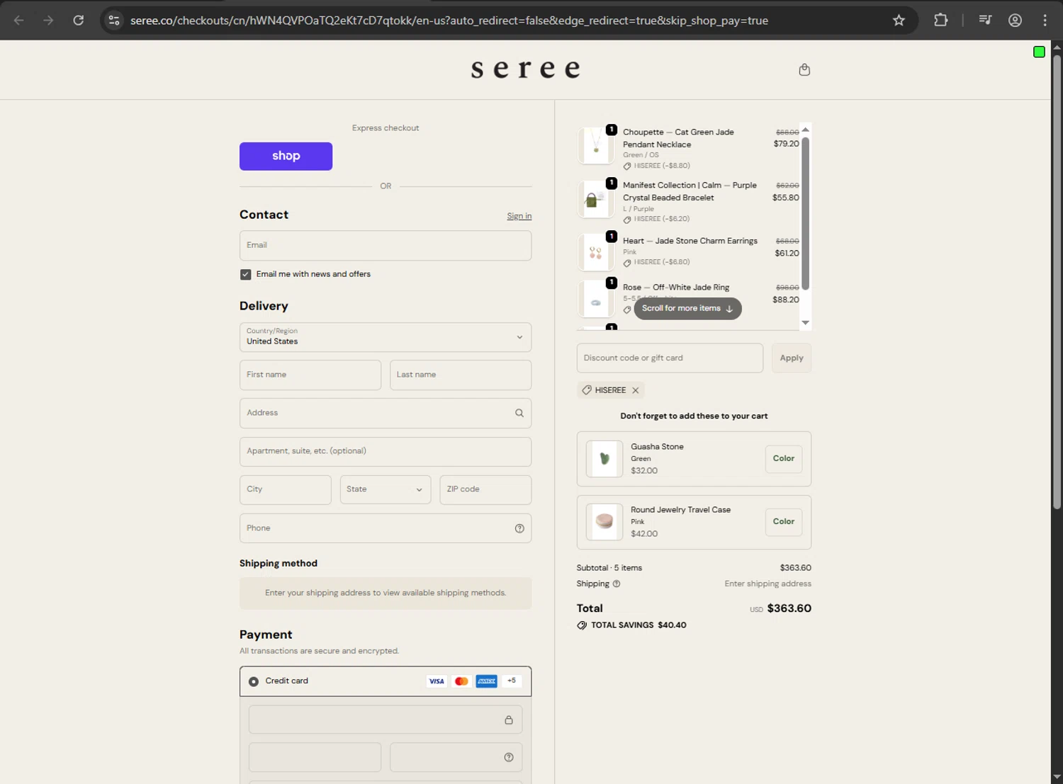 seree discount code screenshot showing code hiseree applied at seree checkout page. Uploaded by SimplyCodes community member CodeEagle1166 on Oct 22, 2025