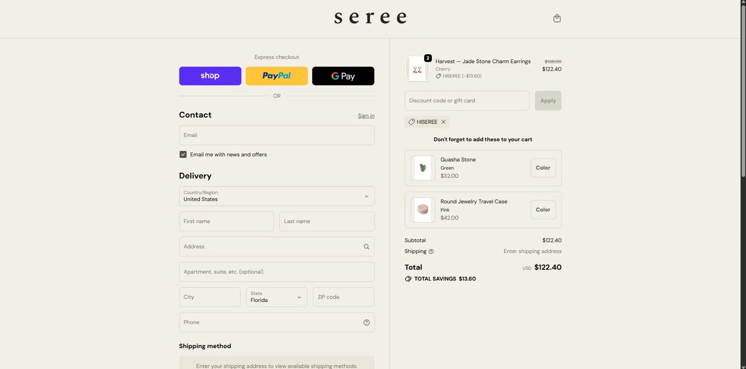 seree discount code screenshot showing code hiseree applied at seree checkout page. Uploaded by SimplyCodes community member RewardMaven959 on Oct 14, 2025