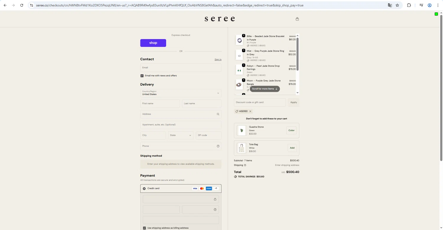 seree checkout page showing seree discount code box | Screenshot taken by SimplyCodes community member on Feb 17, 2026