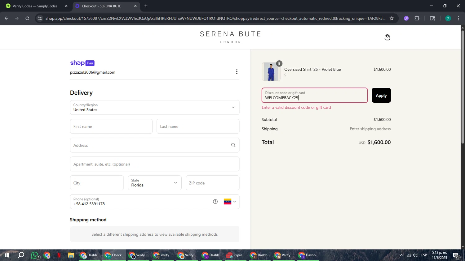 Serena Bute London promo code screenshot showing code WELCOMEBACK25 applied at Serena Bute London checkout page. Uploaded by SimplyCodes community member FrugalCaptain6906 on Jun 11, 2025