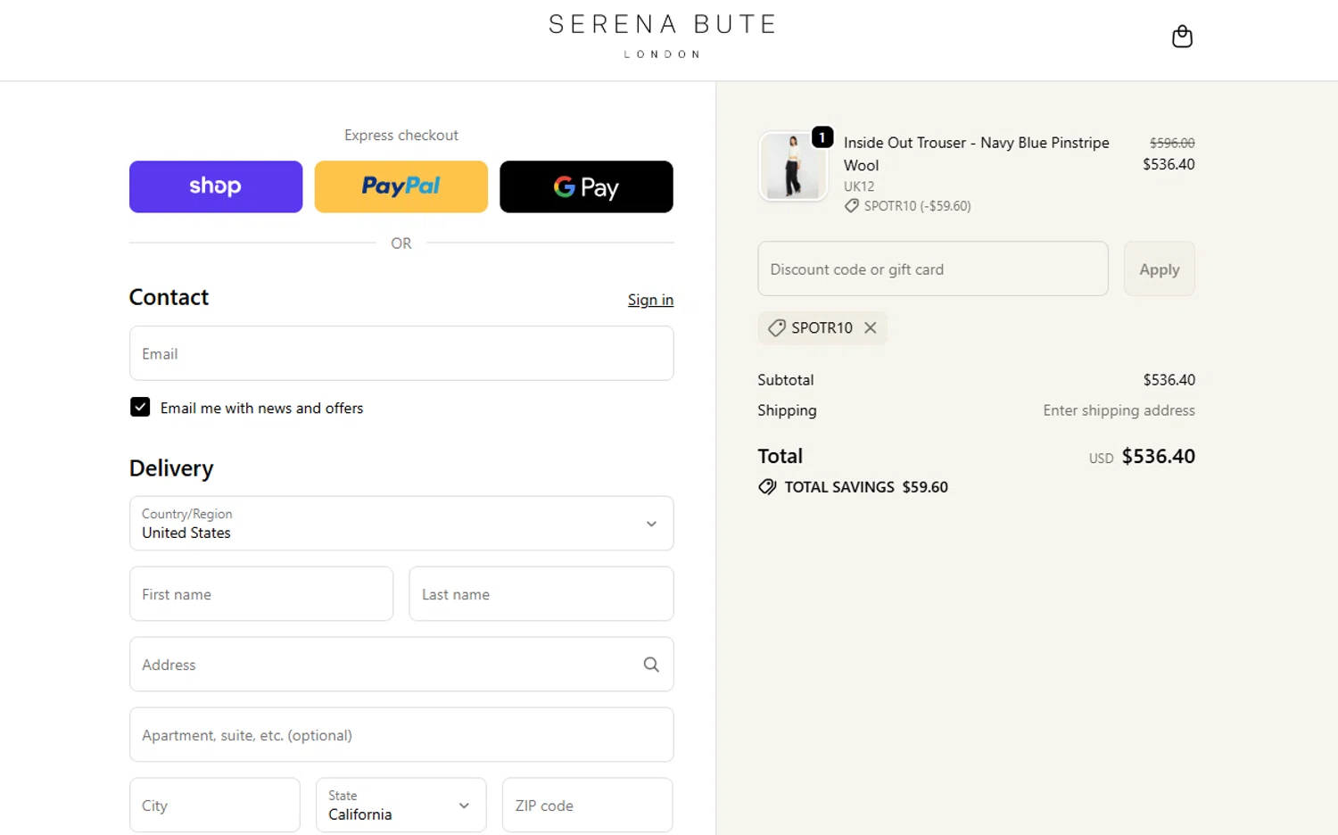 Serena Bute London promo code screenshot showing code SPOTR10 applied at Serena Bute London checkout page. Uploaded by SimplyCodes community member SavvyLegend1586 on Oct 3, 2025
