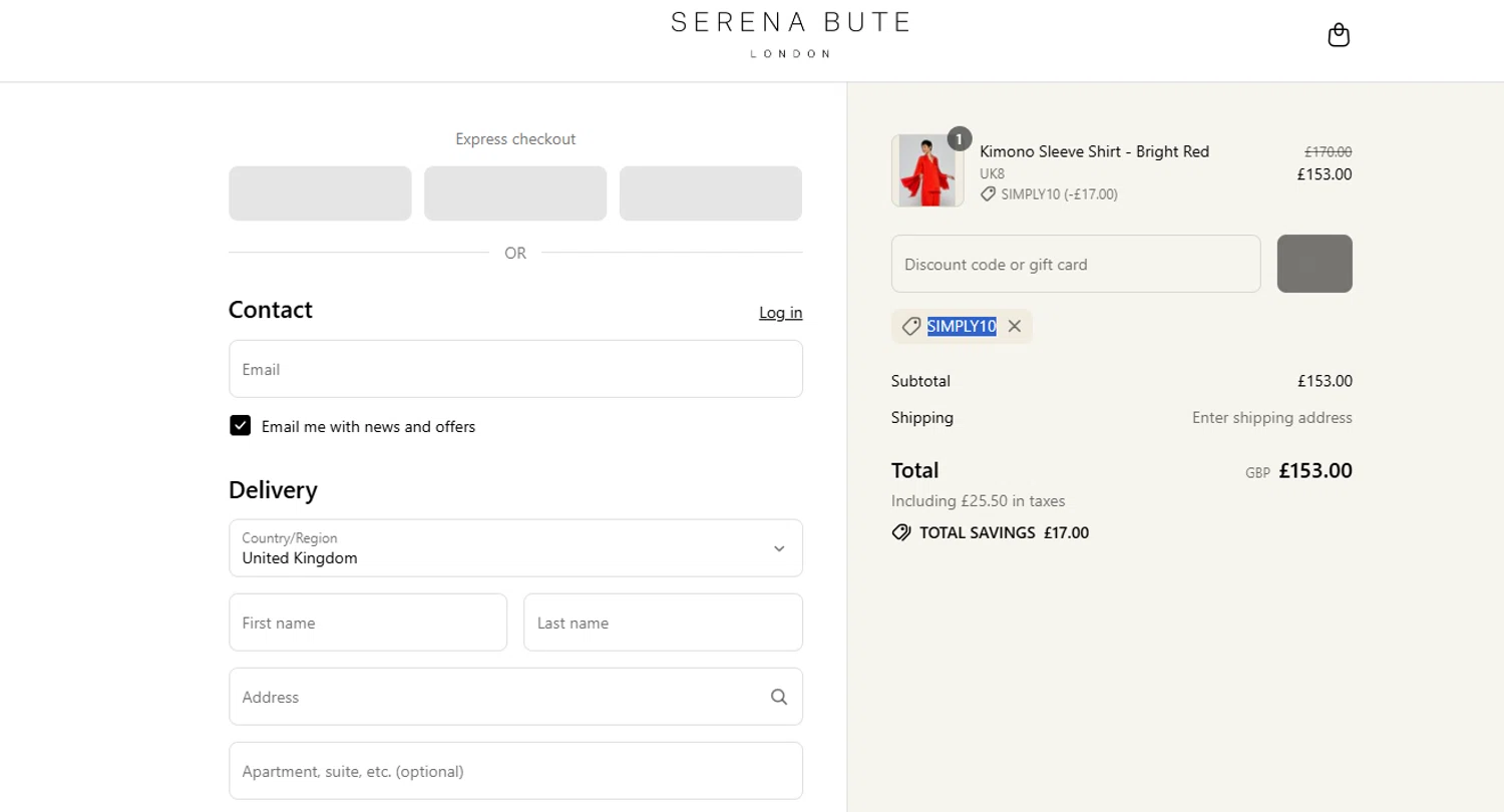 Serena Bute London promo code screenshot showing code SIMPLY10 applied at Serena Bute London checkout page. Uploaded by SimplyCodes community member Marboroooooooooooo on Aug 17, 2025