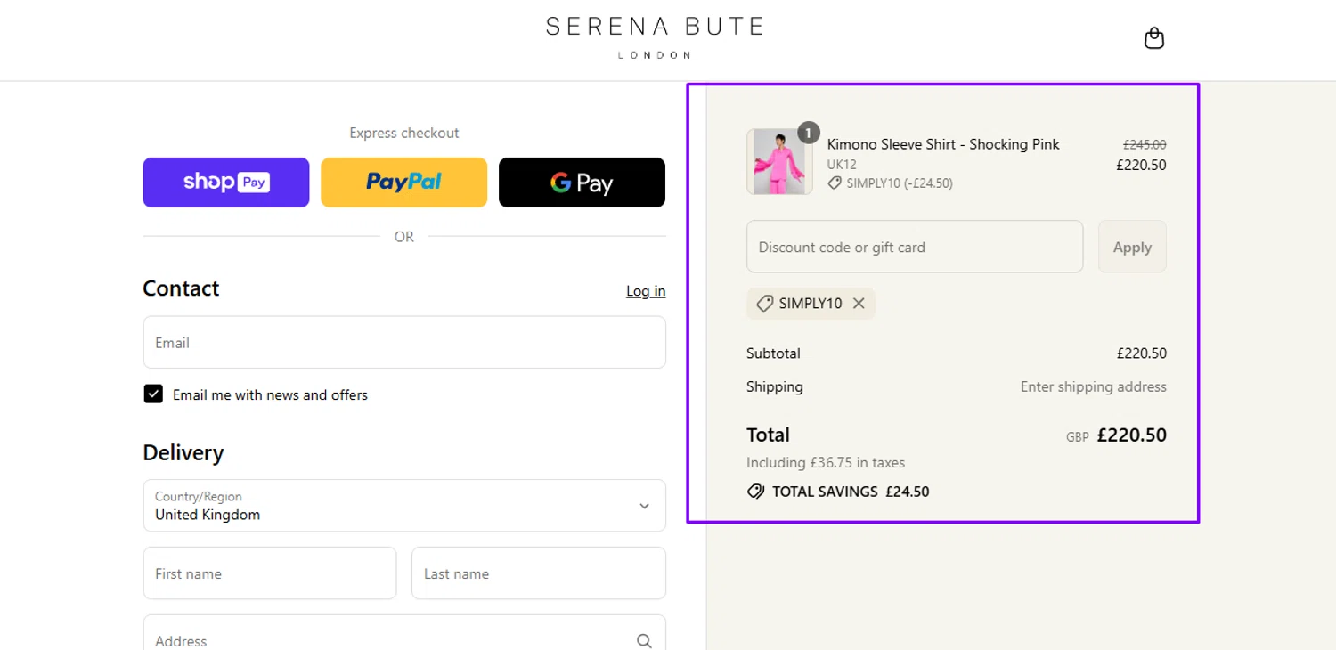 Serena Bute London promo code screenshot showing code SIMPLY10 applied at Serena Bute London checkout page. Uploaded by SimplyCodes community member Swiftdealz on Jul 23, 2025