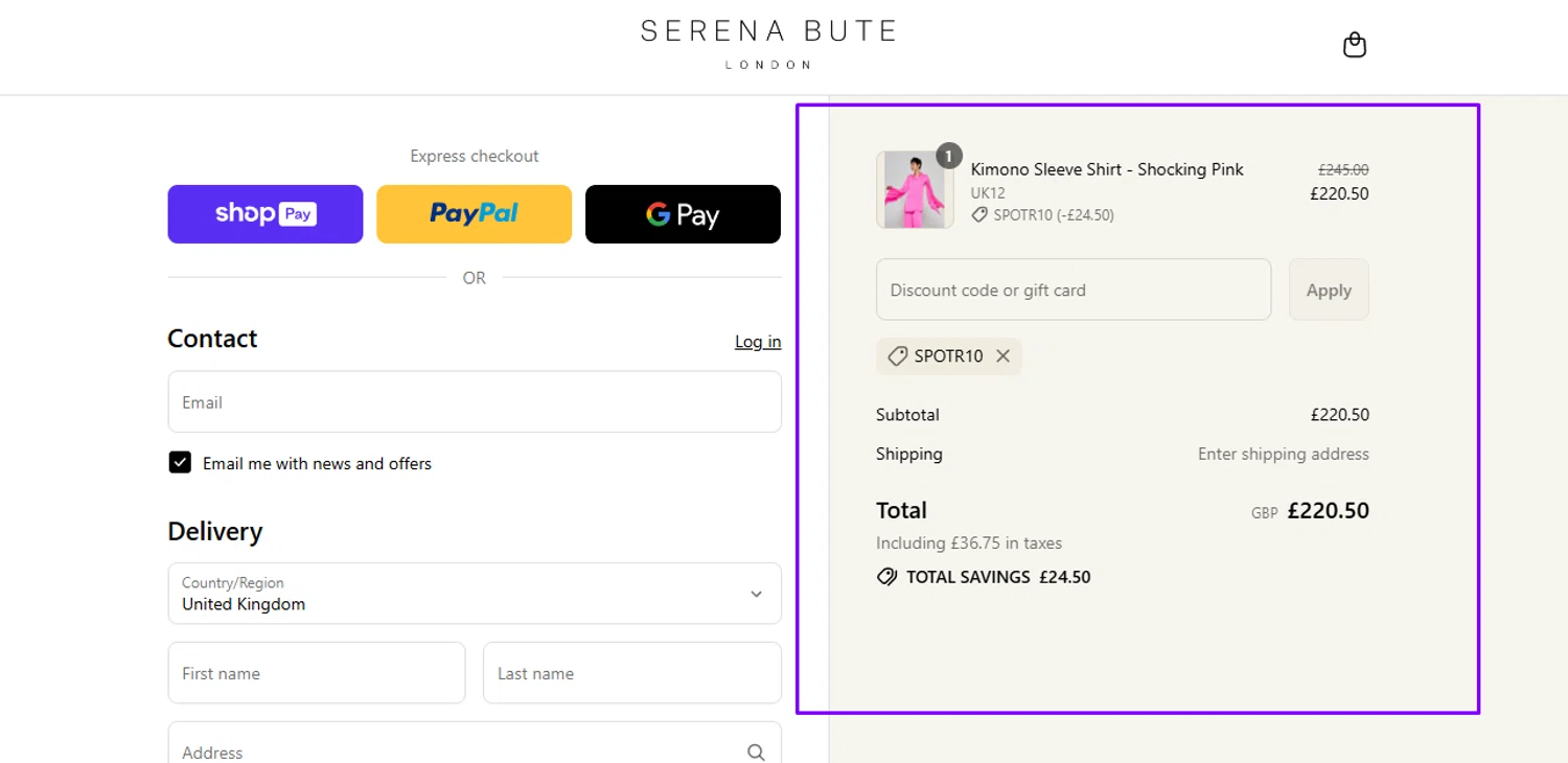 Serena Bute London promo code screenshot showing code SPOTR10 applied at Serena Bute London checkout page. Uploaded by SimplyCodes community member Swiftdealz on Jul 23, 2025
