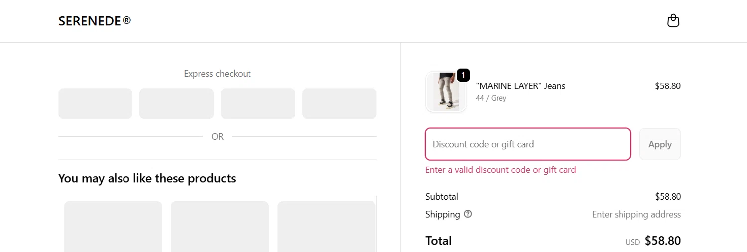 Serenede discount code screenshot showing code EXCLSV1 applied at Serenede checkout page. Uploaded by SimplyCodes community member MoneyPro9023 on Nov 30, 2025