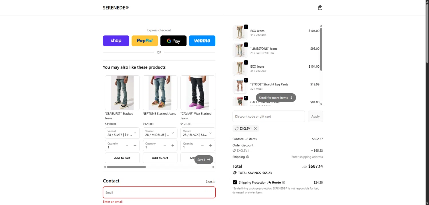 Serenede discount code screenshot showing code EXCLSV1 applied at Serenede checkout page. Uploaded by SimplyCodes community member SilverLynx3397 on Jan 20, 2026