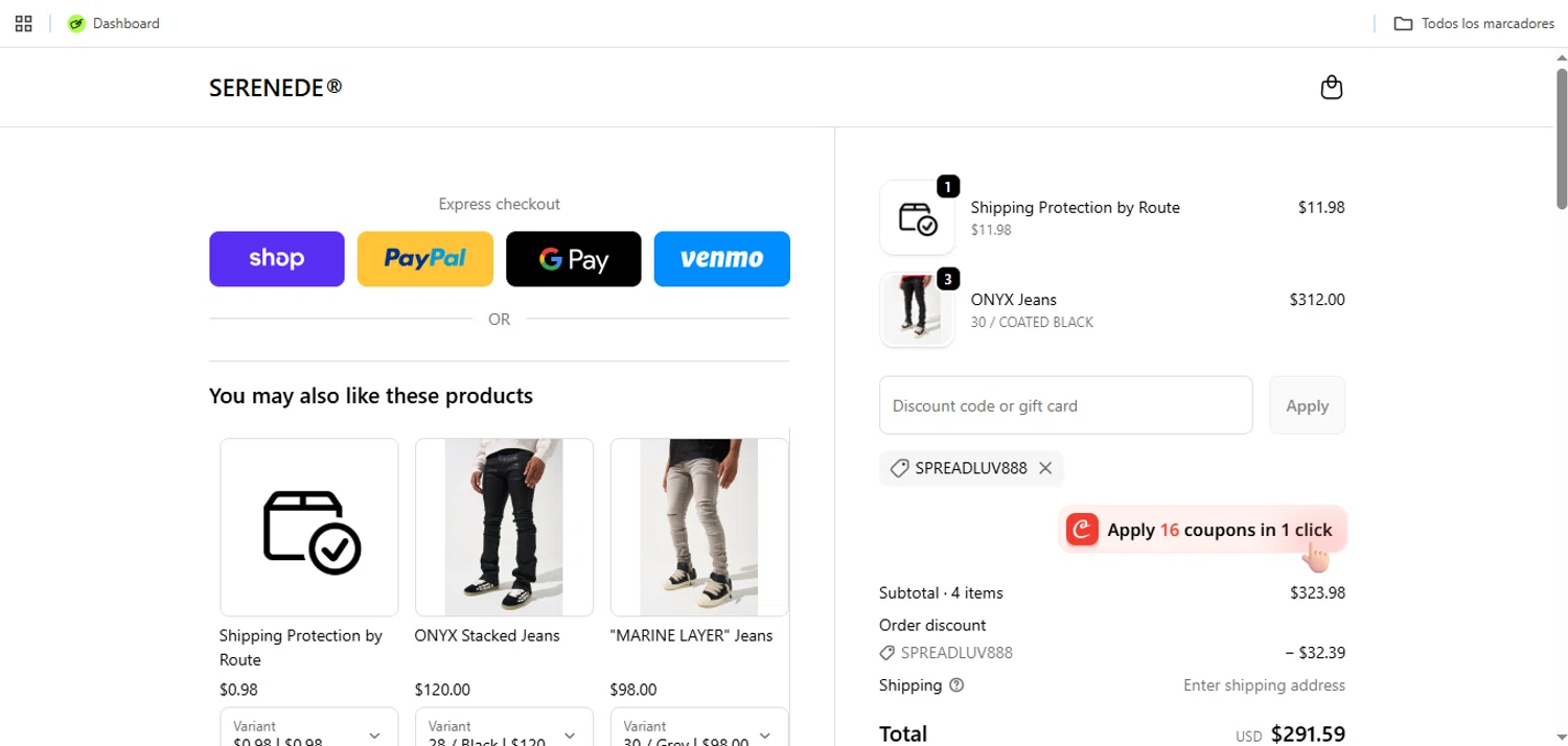 Serenede discount code screenshot showing code SPREADLUV888 applied at Serenede checkout page. Uploaded by SimplyCodes community member Speedy on Jan 20, 2026