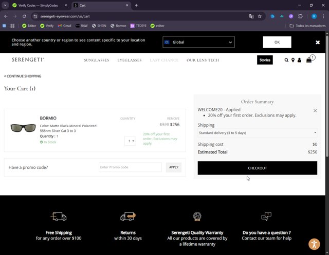 Serengeti Eyewear checkout page showing Serengeti Eyewear promo code box | Screenshot taken by SimplyCodes community member on Aug 28, 2025