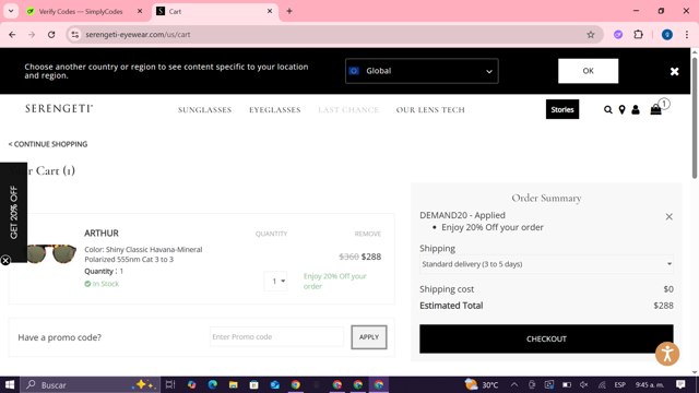 Serengeti Eyewear checkout page showing Serengeti Eyewear promo code box | Screenshot taken by SimplyCodes community member on Jul 31, 2025