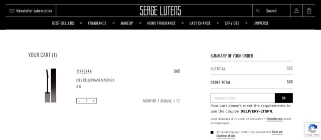 Serge Lutens checkout page showing Serge Lutens discount code box | Screenshot taken by SimplyCodes community member on Jan 4, 2023