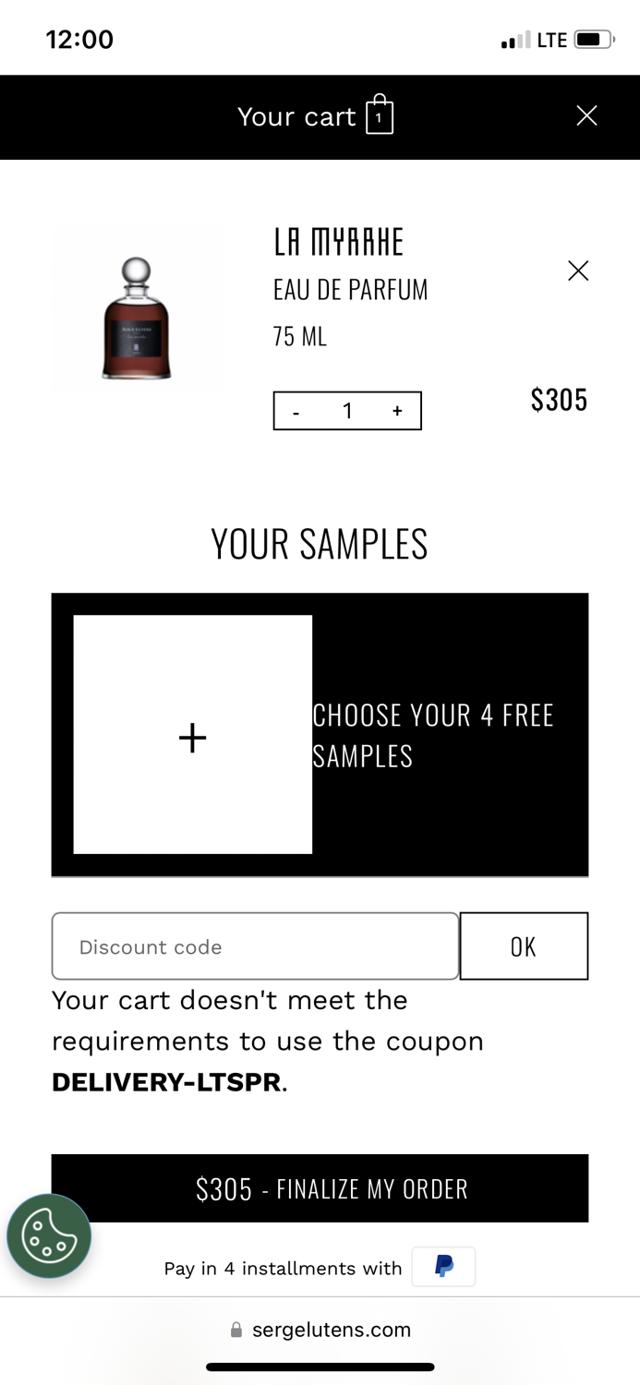 Serge Lutens checkout page showing Serge Lutens discount code box | Screenshot taken by SimplyCodes community member on Jan 17, 2024
