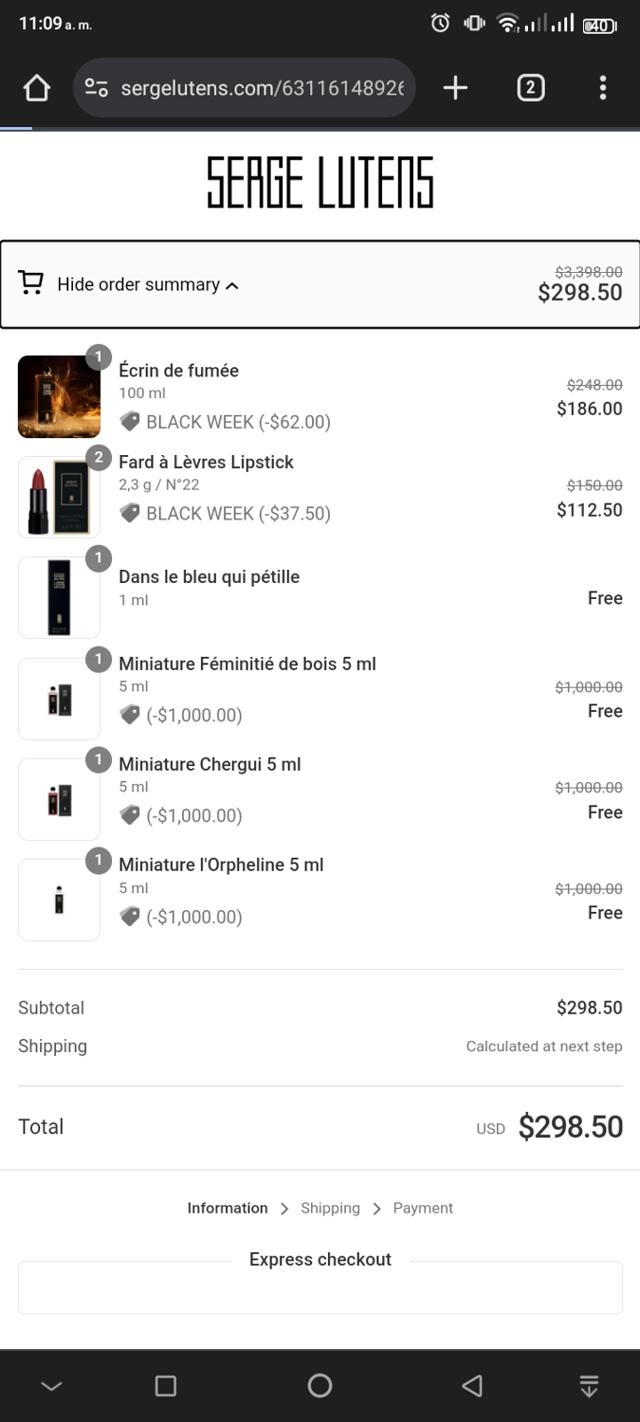 Serge Lutens checkout page showing Serge Lutens discount code box | Screenshot taken by SimplyCodes community member on Nov 21, 2023