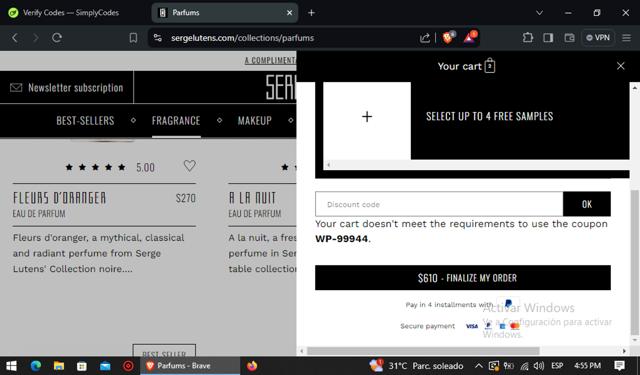 Serge Lutens checkout page showing Serge Lutens discount code box | Screenshot taken by SimplyCodes community member on Jun 21, 2024