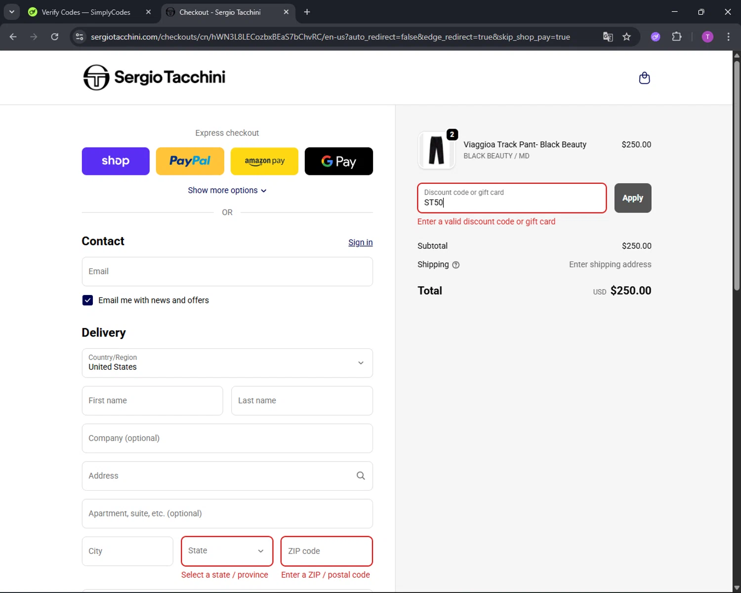 Sergio Tacchini coupon code screenshot showing code ST50 applied at Sergio Tacchini checkout page. Uploaded by SimplyCodes community member CleverFinder9623 on Sep 24, 2025