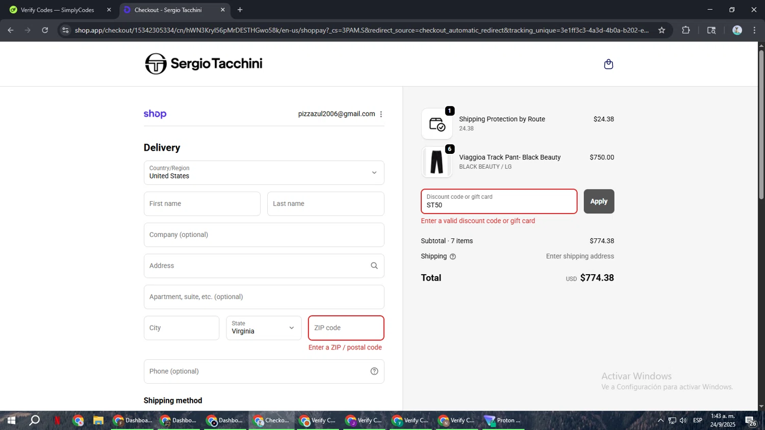Sergio Tacchini coupon code screenshot showing code ST50 applied at Sergio Tacchini checkout page. Uploaded by SimplyCodes community member ShrewdSeeker6165 on Sep 24, 2025