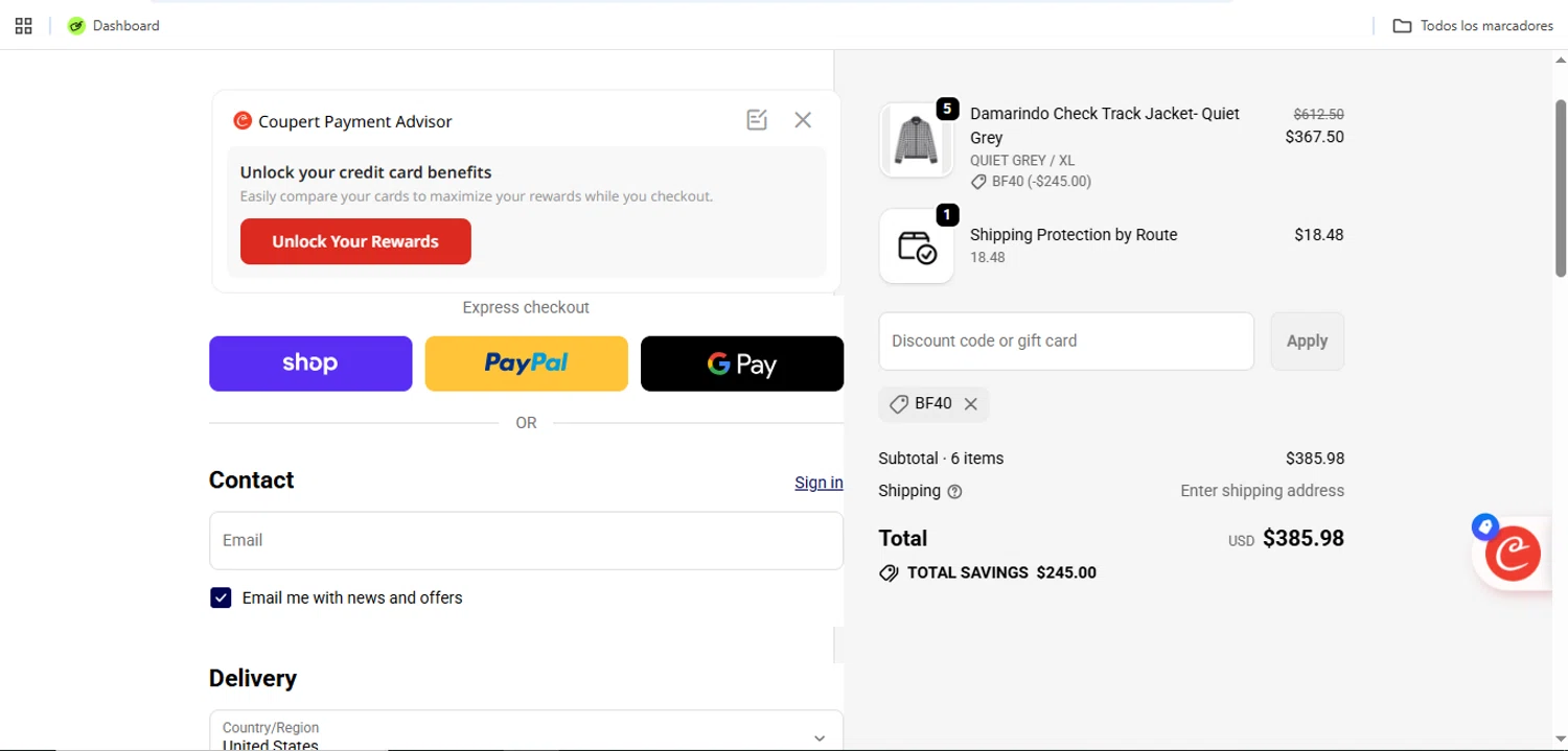 Sergio Tacchini coupon code screenshot showing code BF40 applied at Sergio Tacchini checkout page. Uploaded by SimplyCodes community member Speedy on Dec 9, 2025