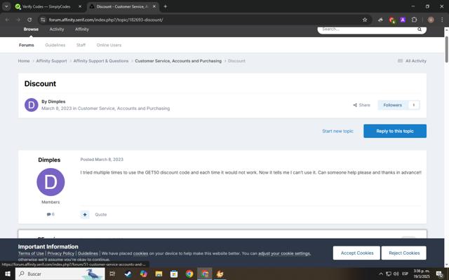 Affinity checkout page showing Affinity discount code box | Screenshot taken by SimplyCodes community member on Mar 19, 2025