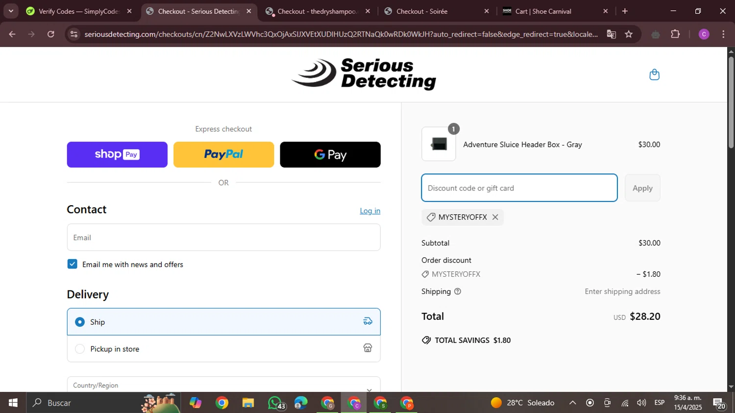 Serious Detecting promo code screenshot showing code mysteryoffx applied at Serious Detecting checkout page. Uploaded by SimplyCodes community member FrugalPro5078 on Apr 15, 2025