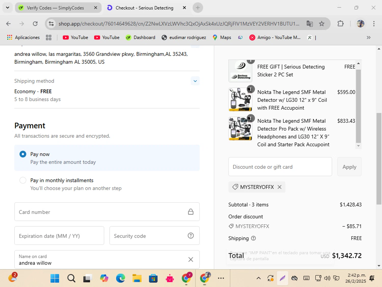 Serious Detecting promo code screenshot showing code mysteryoffx applied at Serious Detecting checkout page. Uploaded by SimplyCodes community member ShrewdSeeker5445 on Feb 26, 2025