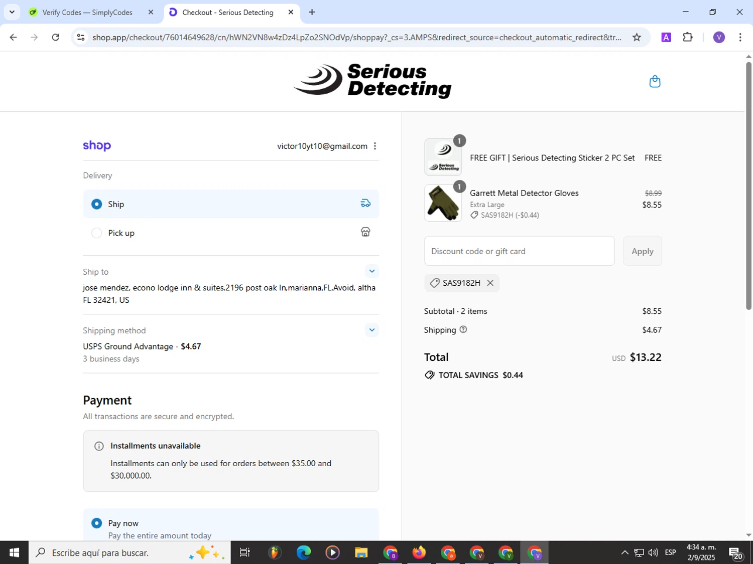 Serious Detecting promo code screenshot showing code SAS9182H applied at Serious Detecting checkout page. Uploaded by SimplyCodes community member Satoru_gojo on Sep 2, 2025