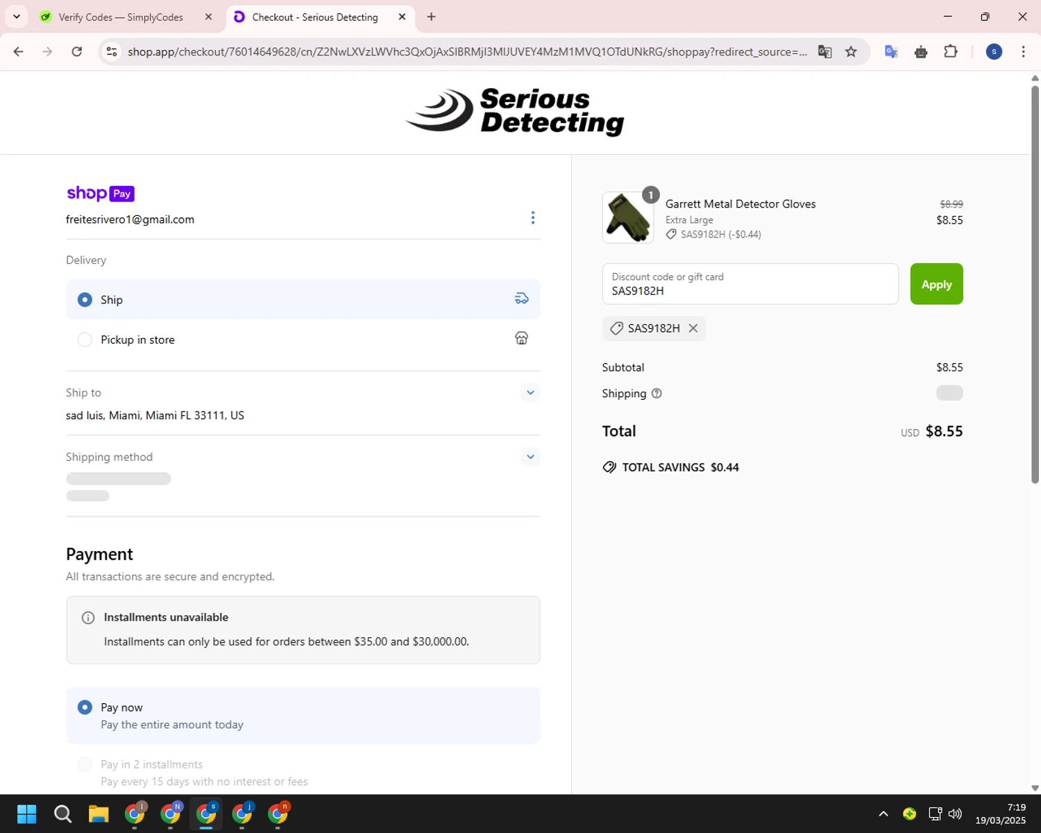 Serious Detecting promo code screenshot showing code SAS9182H applied at Serious Detecting checkout page. Uploaded by SimplyCodes community member ExtraordinarySleuth4345 on Mar 19, 2025