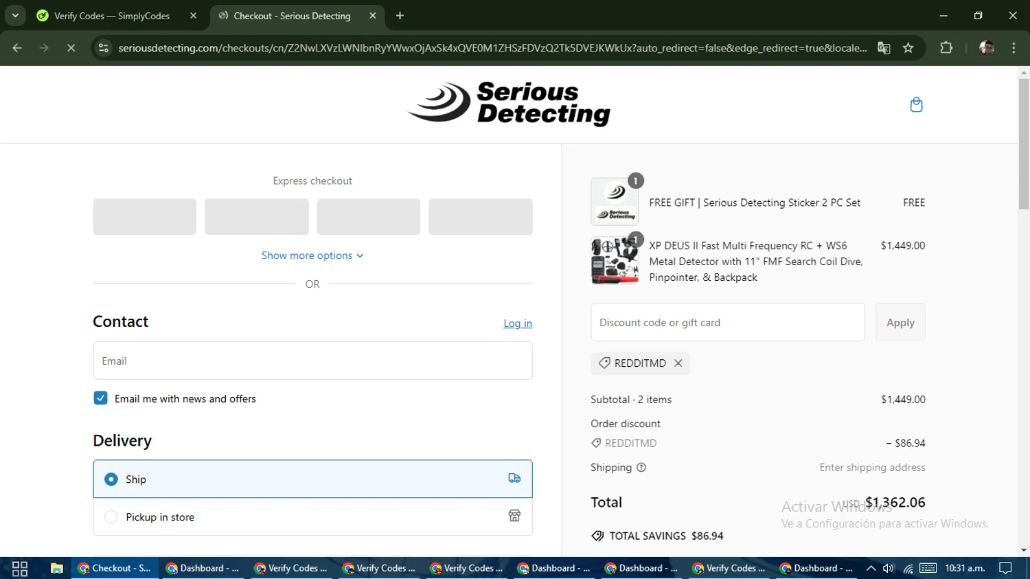 Serious Detecting promo code screenshot showing code REDDITMD applied at Serious Detecting checkout page. Uploaded by SimplyCodes community member DiscountSeeker682 on Feb 26, 2025