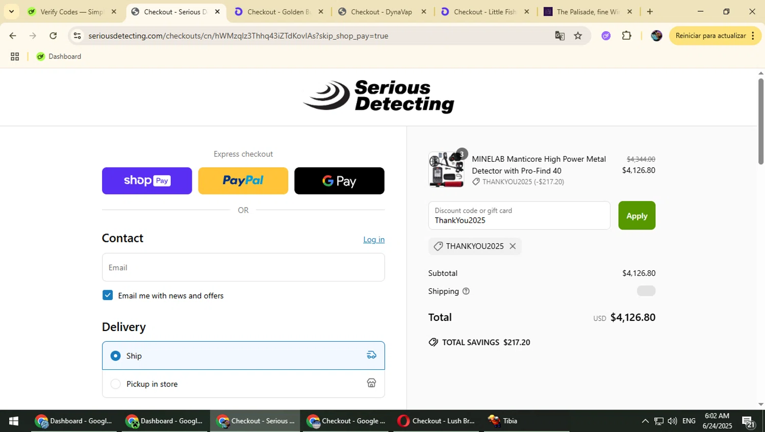 Serious Detecting promo code screenshot showing code ThankYou2025 applied at Serious Detecting checkout page. Uploaded by SimplyCodes community member Typhlosion on Jun 24, 2025