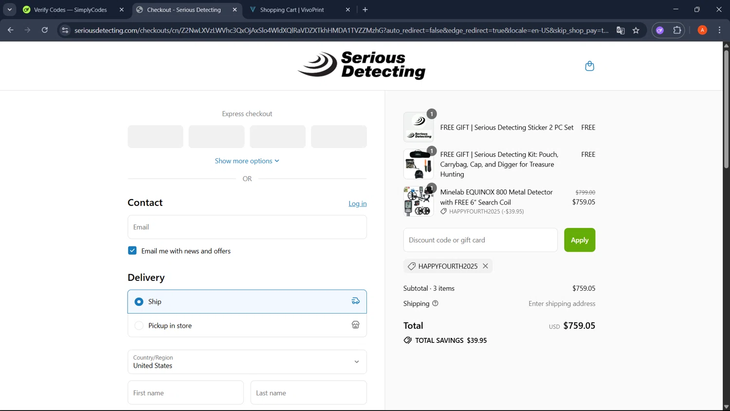 Serious Detecting promo code screenshot showing code HappyFourth2025 applied at Serious Detecting checkout page. Uploaded by SimplyCodes community member GoldChaser2970 on Jul 3, 2025