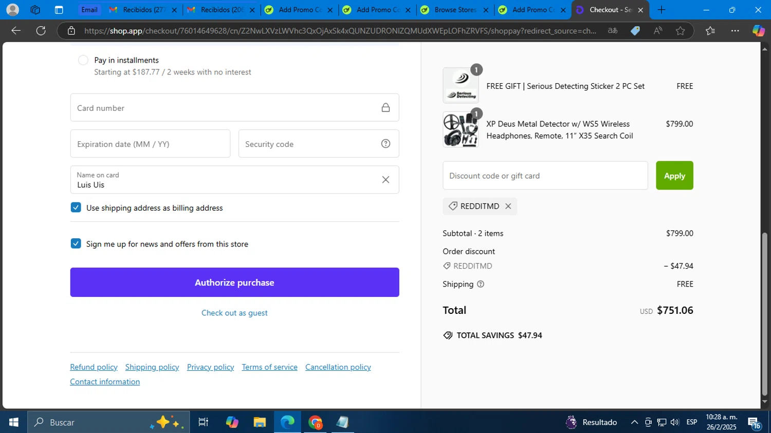 Serious Detecting promo code screenshot showing code REDDITMD applied at Serious Detecting checkout page. Uploaded by SimplyCodes community member Mdeoca on Feb 26, 2025