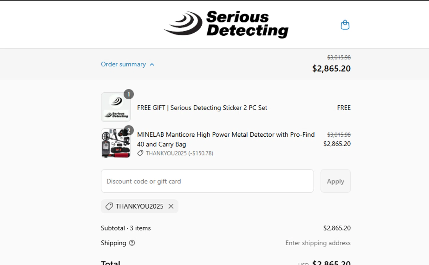Serious Detecting promo code screenshot showing code ThankYou2025 applied at Serious Detecting checkout page. Uploaded by SimplyCodes community member ashe1986 on Aug 12, 2025