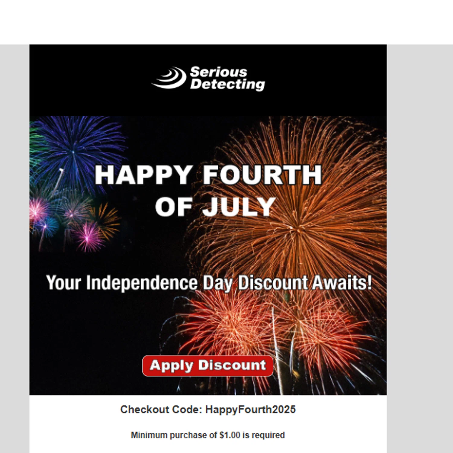 Serious Detecting promo code screenshot showing code HappyFourth2025 applied at Serious Detecting checkout page. Uploaded by SimplyCodes community member juanjose on Jul 3, 2025