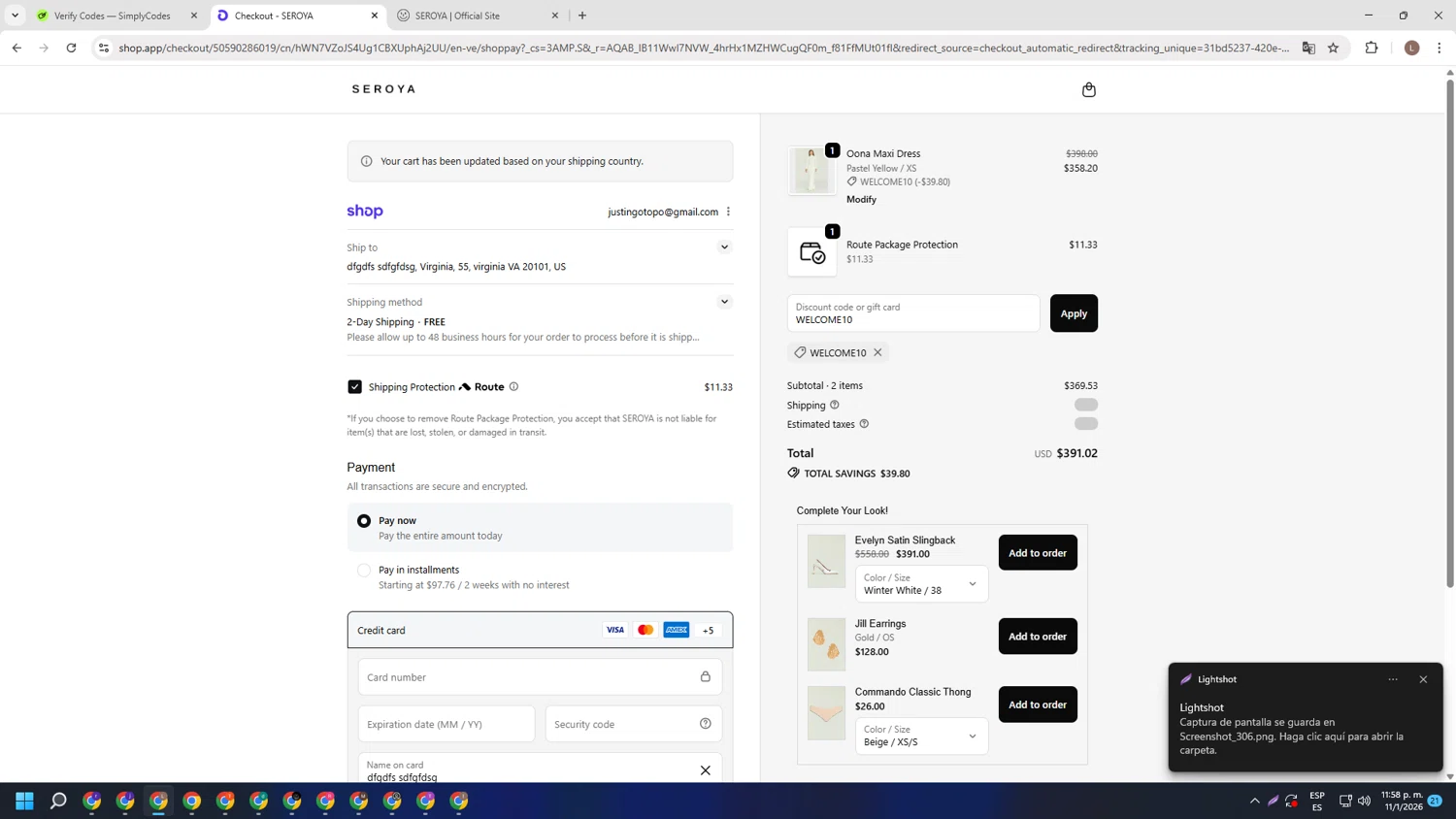 SEROYA NYC promo code screenshot showing code WELCOME10 applied at SEROYA NYC checkout page. Uploaded by SimplyCodes community member BENELLI on Jan 12, 2026
