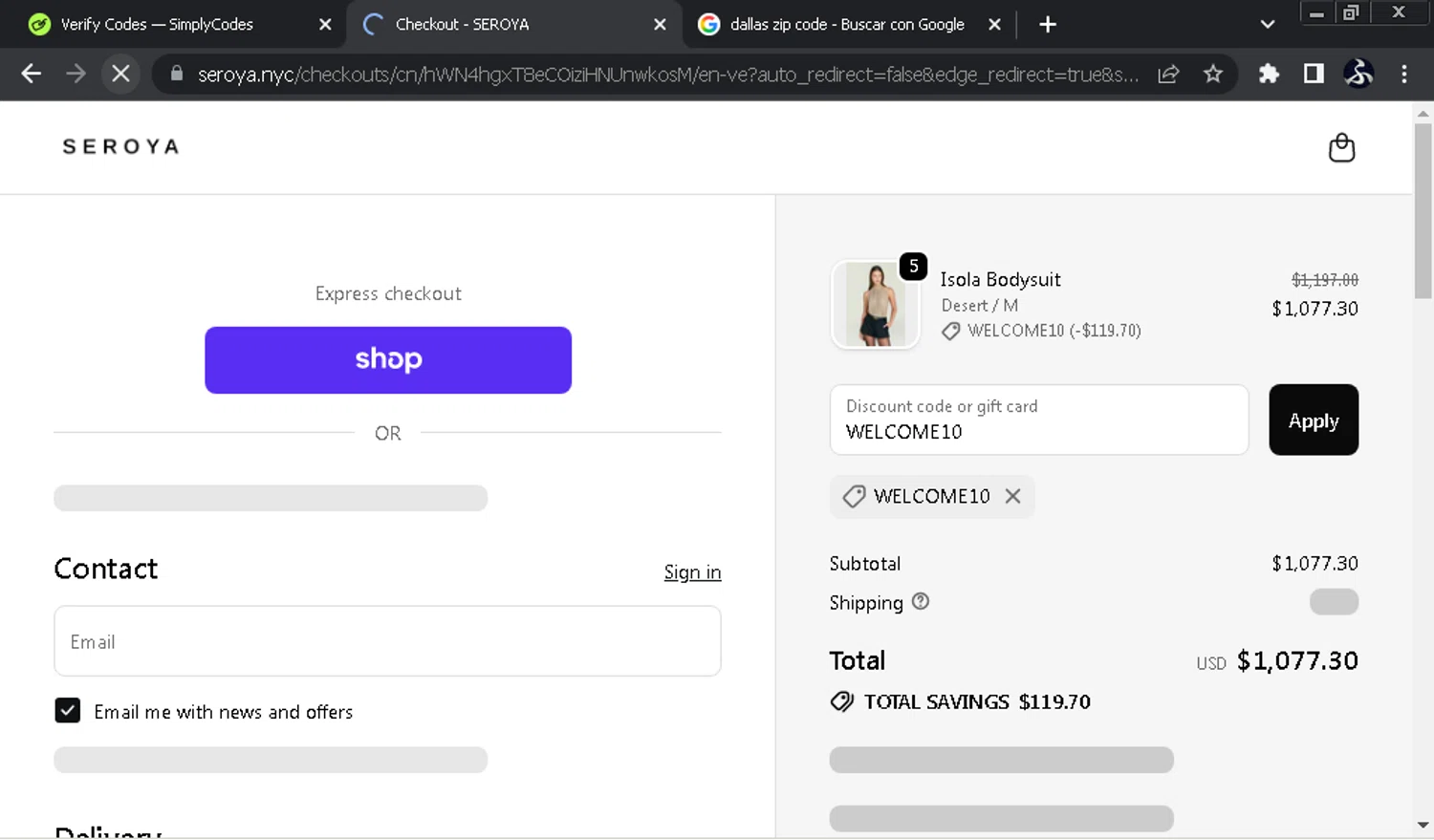 SEROYA NYC promo code screenshot showing code WELCOME10 applied at SEROYA NYC checkout page. Uploaded by SimplyCodes community member SwiftOwl697 on Oct 30, 2025