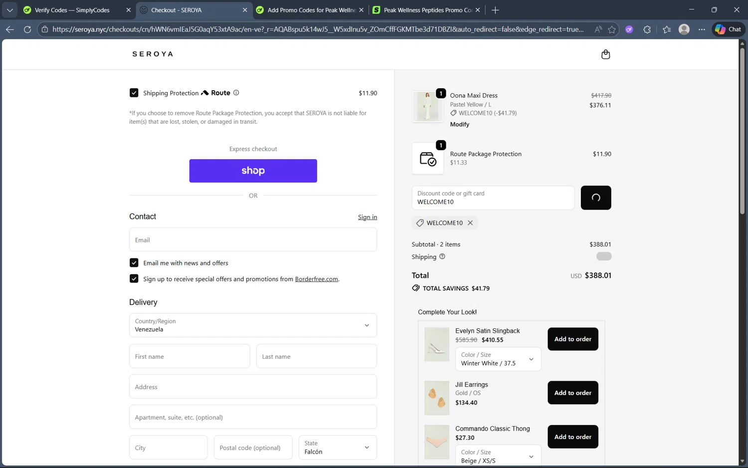 SEROYA NYC promo code screenshot showing code WELCOME10 applied at SEROYA NYC checkout page. Uploaded by SimplyCodes community member frijolito on Dec 27, 2025