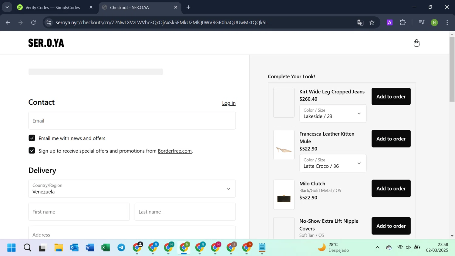 SEROYA NYC promo code screenshot showing code EXTRA30 applied at SEROYA NYC checkout page. Uploaded by SimplyCodes community member LuckyKnight4806 on Mar 3, 2025