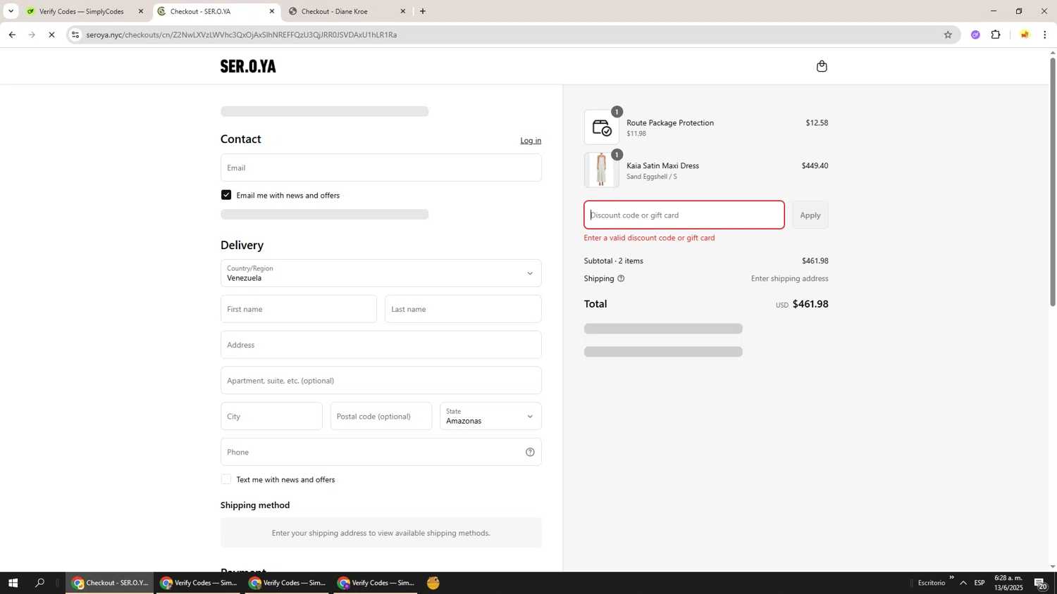 SEROYA NYC promo code screenshot showing code DRESSCODE applied at SEROYA NYC checkout page. Uploaded by SimplyCodes community member Richard251 on Jun 13, 2025