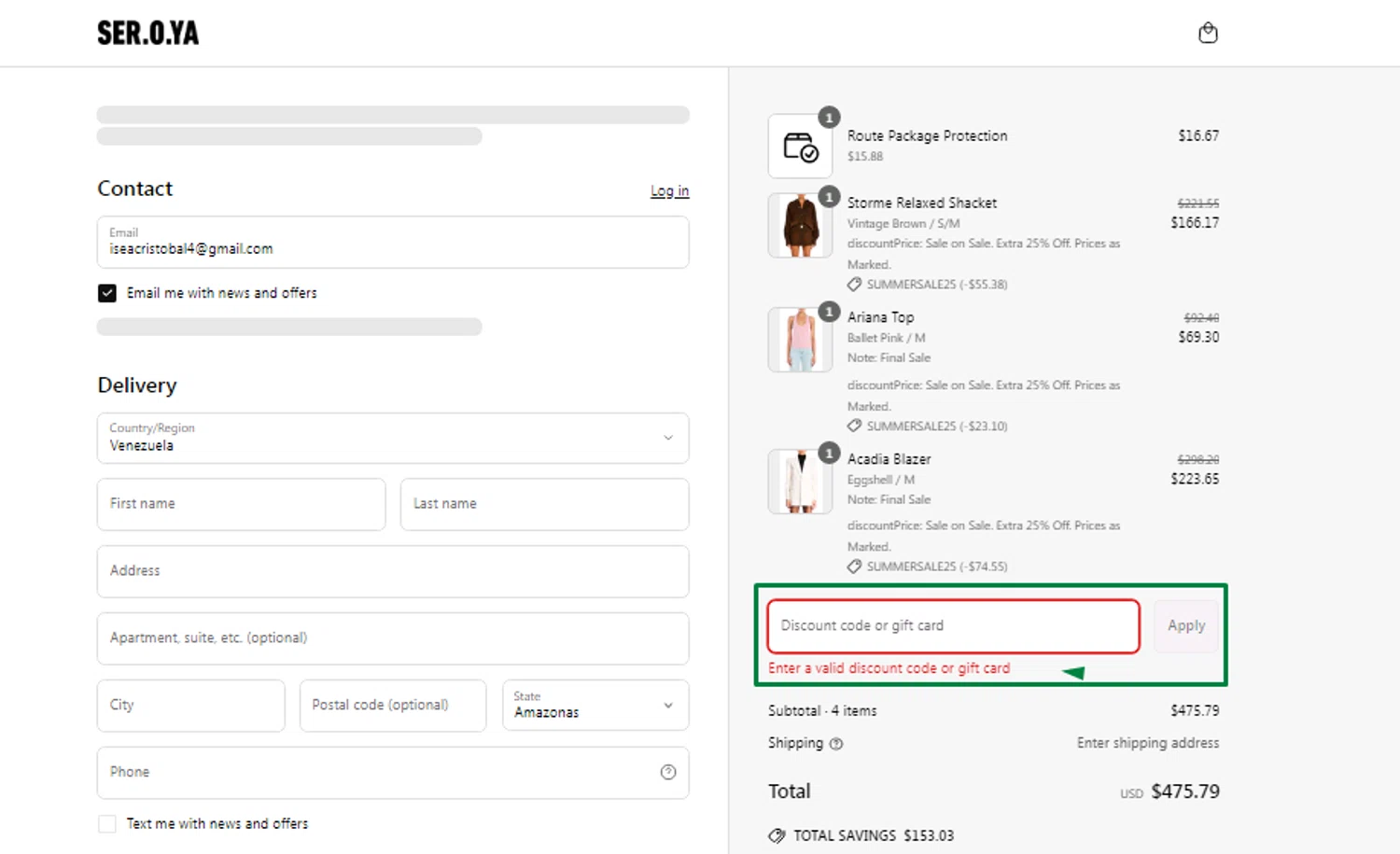 SEROYA NYC promo code screenshot showing code DRESSCODE applied at SEROYA NYC checkout page. Uploaded by SimplyCodes community member cristobalpescueso on Jun 13, 2025